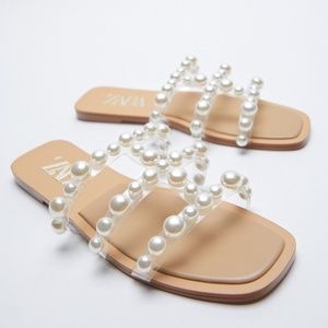 Zara Pearl Embellished Sandals - Cream